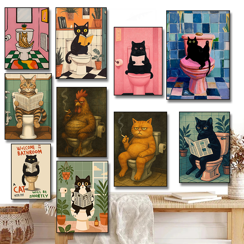 Resin Art Wall - Funny Black Cat Reading on Toilet